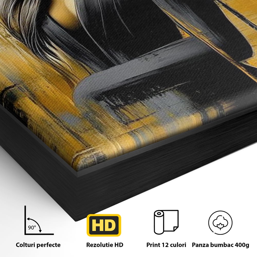 Detaliu al suprafetei: tablou canvas cu silueta feminina si palarie, in rama de aluminiu negru